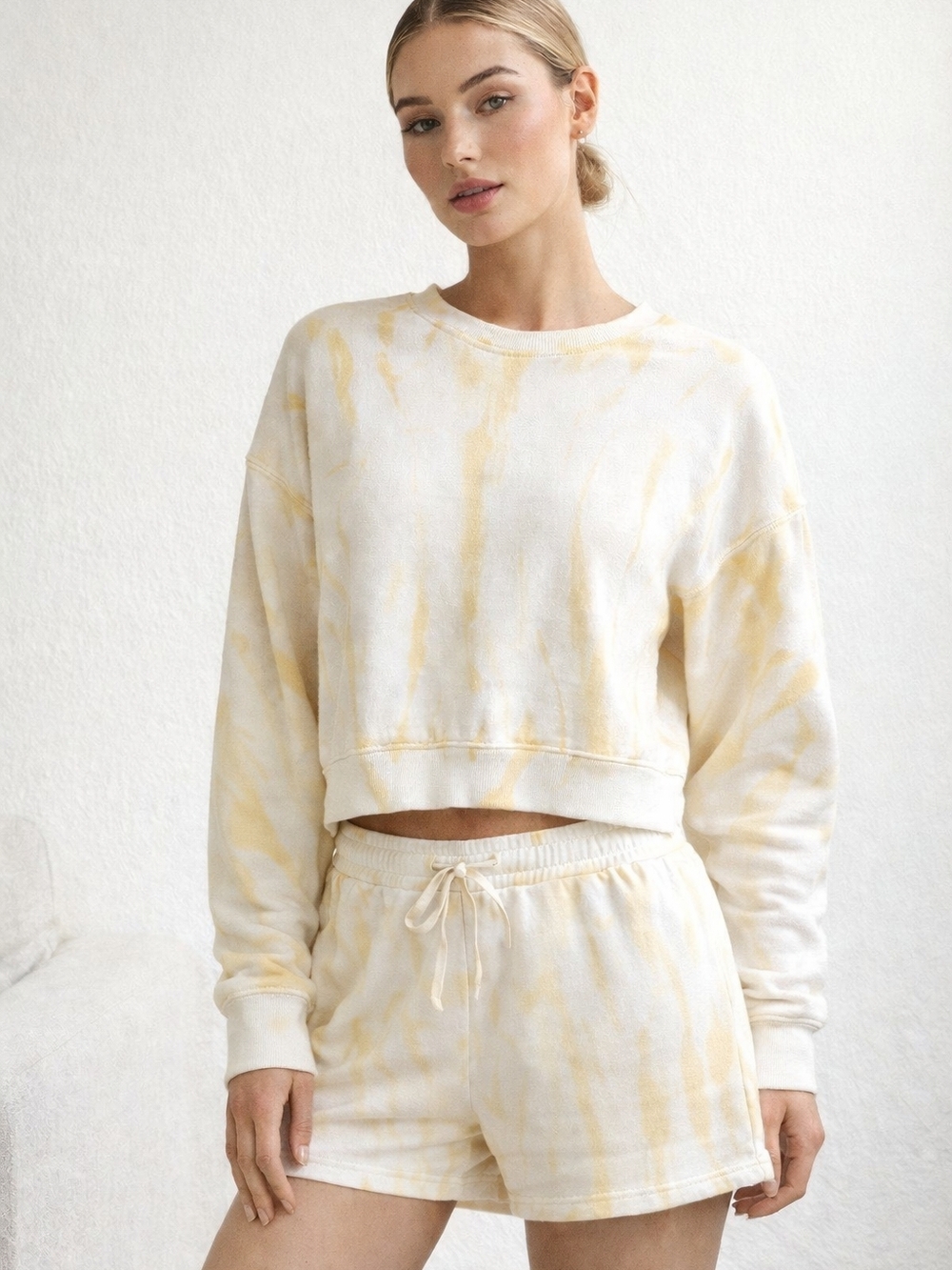 Buffalo David Bitton Tie Dye Lounge Set Cream Yellow Sweatshirt Shorts Matching